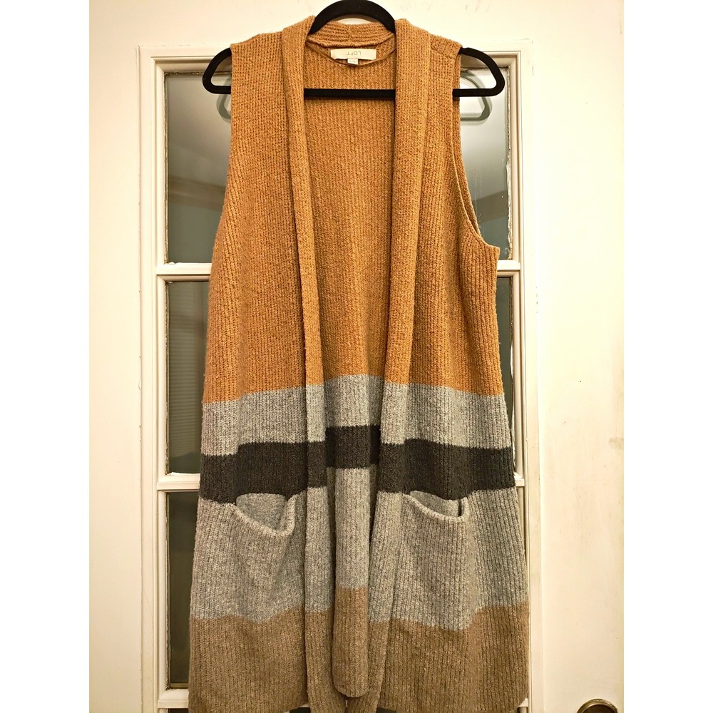 LOFT L/XL Colorblock Long Sweater Vest Open Front Cardigan Pockets Oversized